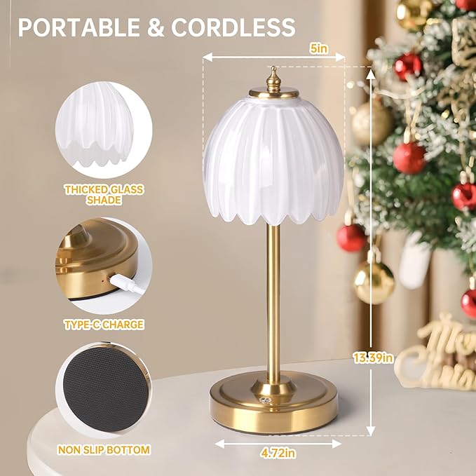 Shenmoyl Set of 2 Tulip Table Lamp with 5000mAh Battery & Touch Control, Cordless Table Lamp with 3 Colors, Dimmable Rechargeable Table Lamps for Bedroom, Living Room, Entryways (White Tulip)