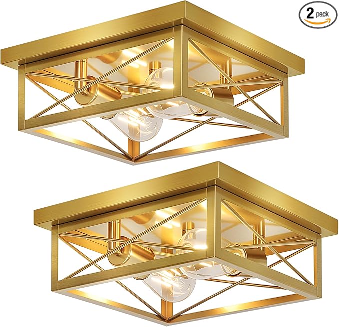 Gold Hallway Light Fixtures Ceiling, 2-Light Farmhouse Vintage Flush Mount Ceiling Lights, 2-Pack Brass Metal Kitchen Light Fixtures, Close to Ceiling Lights for Bedroom Living Room Entryway