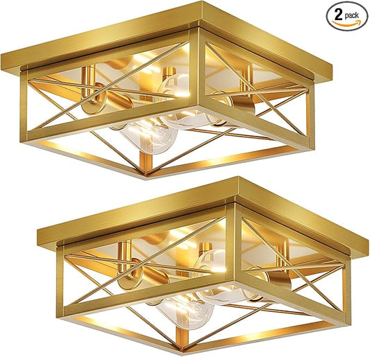 Gold Hallway Light Fixtures Ceiling, 2-Light Farmhouse Vintage Flush Mount Ceiling Lights, 2-Pack Brass Metal Kitchen Light Fixtures, Close to Ceiling Lights for Bedroom Living Room Entryway