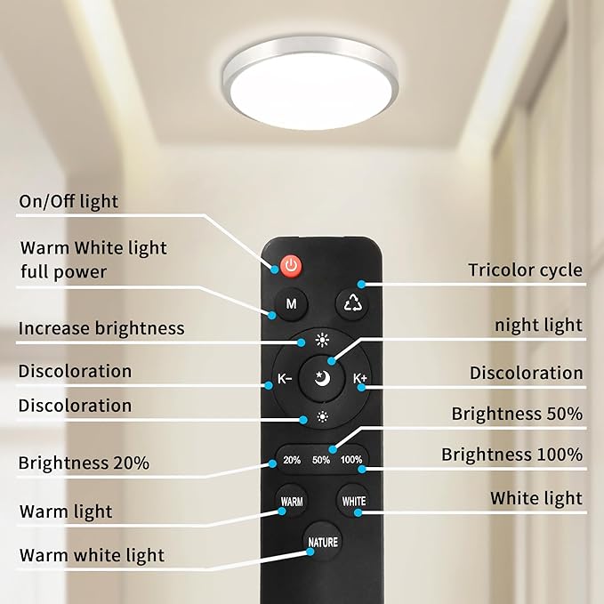 LED Flush Mount Ceiling Light Fixture with Remote Control，8 Inch 18W Close to Ceiling Lights for Kitchen,Bedroom,Laundry,Dimmable 3000K-6500K Light Color Adjustable