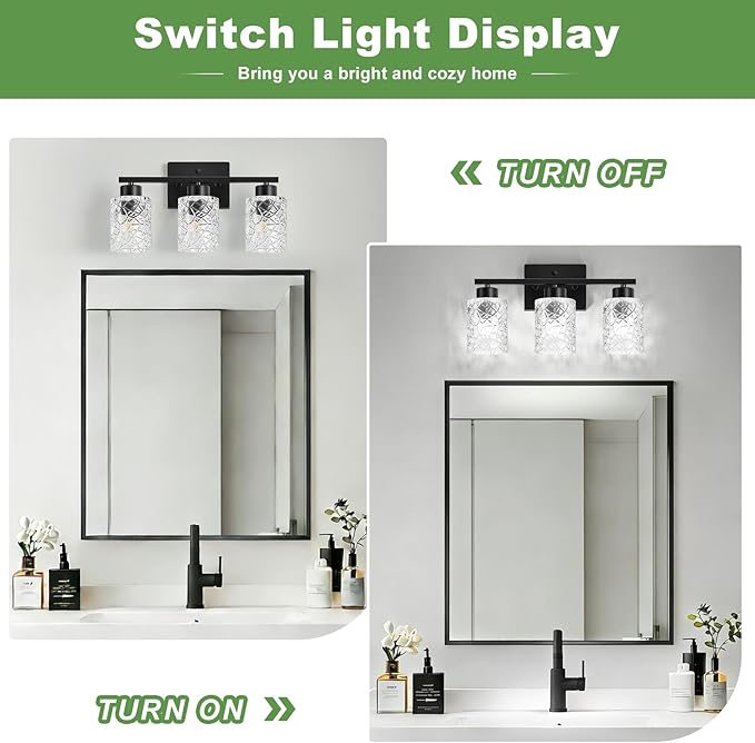 Black Bathroom Light Fixtures, 3-Light Modern Bathroom Vanity Wall Light, Vanity Lights for Mirror, Wall Sconces with Clear Textured Glass (E26 Socket, Bulbs Not Included)