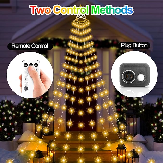Christmas Decorations Star Lights Outdoor, 11.48ft 350 LED Waterfall Tree Lights with 8 Modes Timer Remote Plug in Christmas Lights for Indoor Yard Patio Home Holiday Party Decor, Warm White