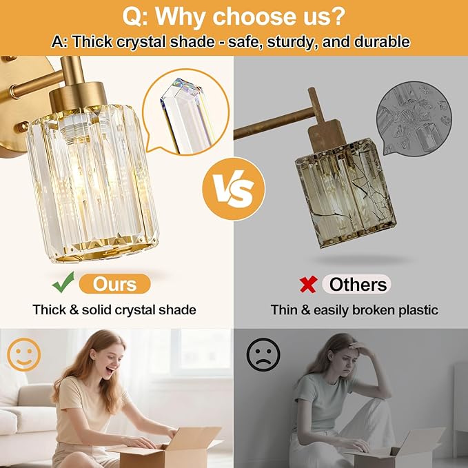 Modern Crystal Bathroom Vanity Light, 2-Pack Brushed Gold Vanity Light with Clear Crystal Shades, Bathroom Light Fixtures Over Mirror (Bulbs Not Included)