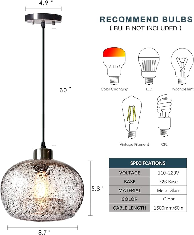 CASAMOTION Pendant Lighting Handblown Glass Drop Ceiling Lights, Modern Rustic Hanging Light Clear Seeded Glass with Black Sand Powder, Brushed Nickel Finish 8.7 Inch Diameter