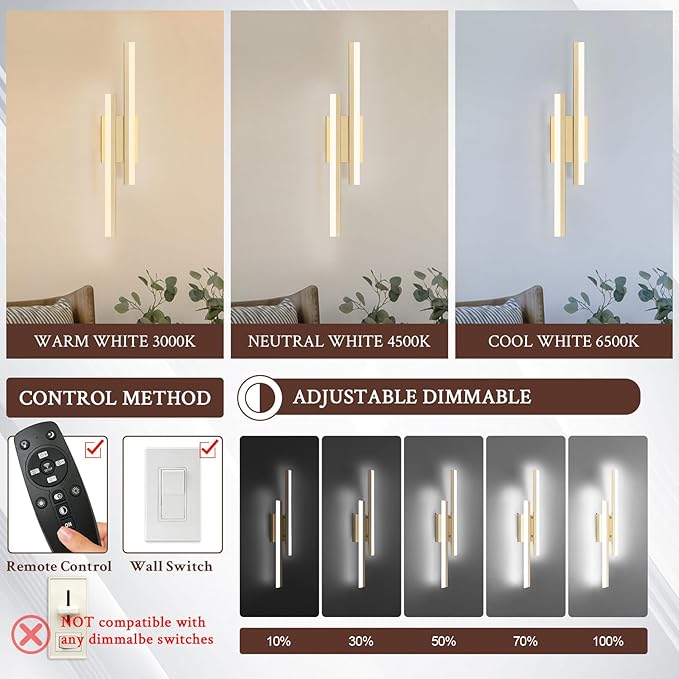 LED Wall Sconce Set of 2 Gold Remote Modern LED Vanity Lights Set of 2 Indoor Wall Light Fixtures for Living Room, Dimmable Wall Sconce for Bedside Bedroom Bathroom, 23.6inch 2 Pack