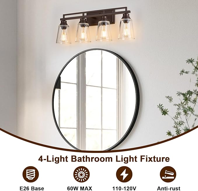 Refice 4-Light Bathroom Vanity Lights, Bathroom Light Fixtures with Clear Glass Shades, Vintage Oil Rubbed Bronze Wall Sconces Over Mirror for Living Room, Farmhouse, Hallway
