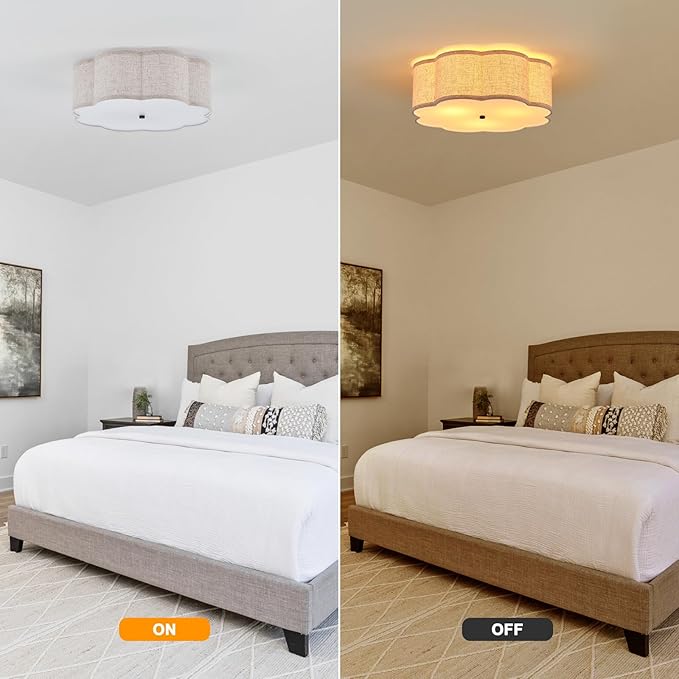 18" Modern Flush Mount Ceiling Light, 3-Light Large Black Ceiling Fixture with Beige Linen Drum Shade, Flower Design Ceiling Lamp for Dining Room, Bedroom, Nursery, Entryway