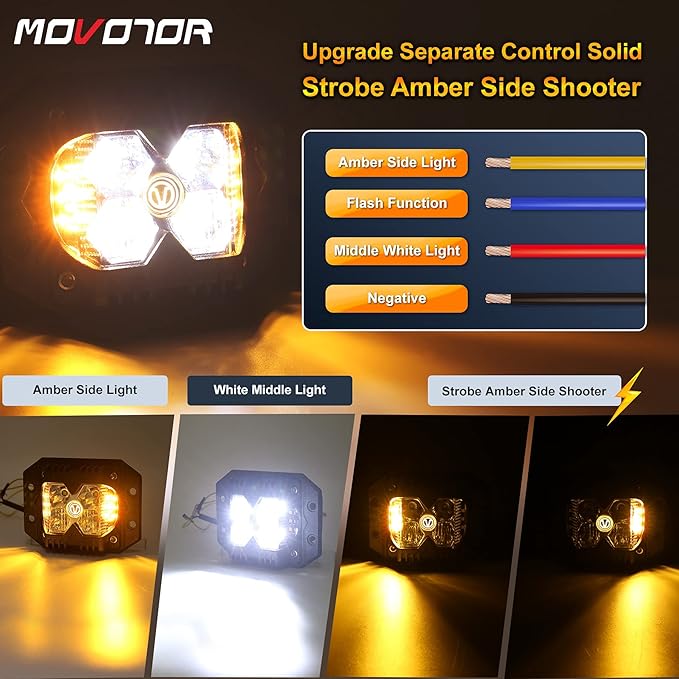 MOVOTOR Flush Mount Led Pods, Combo Offroad Driving Pods with Separate Amber Solid/Strobe Side Shooters Backup Reverse Lights Cube Working Lights for Truck Jeep ATV SUV 4x4