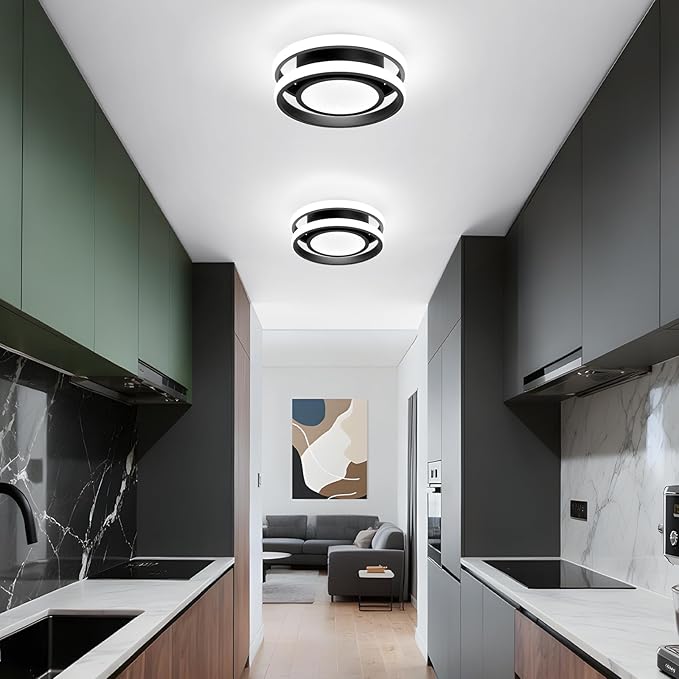 CANEOE Small Modern LED Ceiling Light,2 Rings Creative Design Ceiling Lamp Black Indoor Hallway Light Fixtures for Living Room Bedroom Kitchen Office (Cool White,6000K)