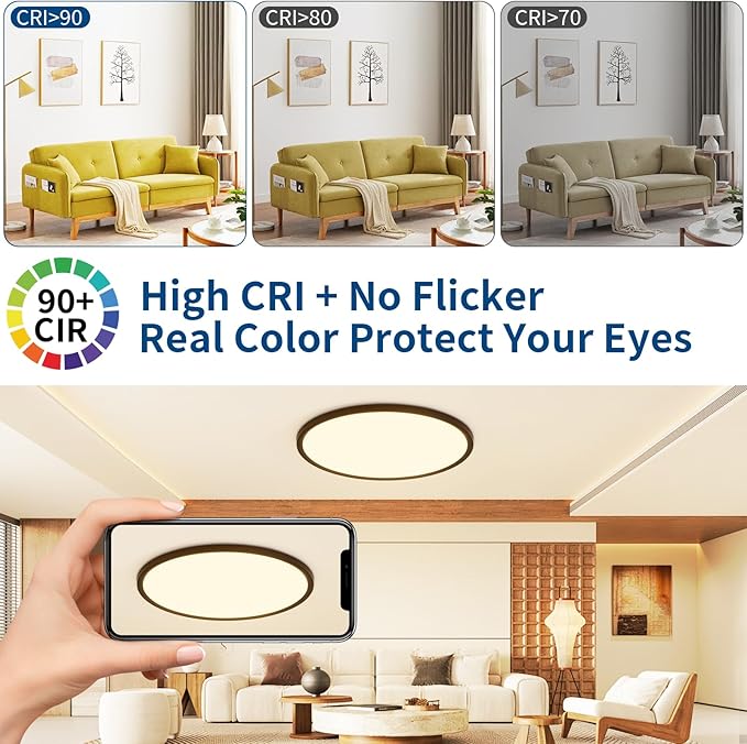 Modern 20'' Led Ceiling Light Fixture, Ultra Thin Flush Mount, Dimmable & 3000K/4500K/6000K Selectable, 40W 4000LM, Black, for Bedroom, Kitchen, Dining Room, Living Room, Home Office, Hallway