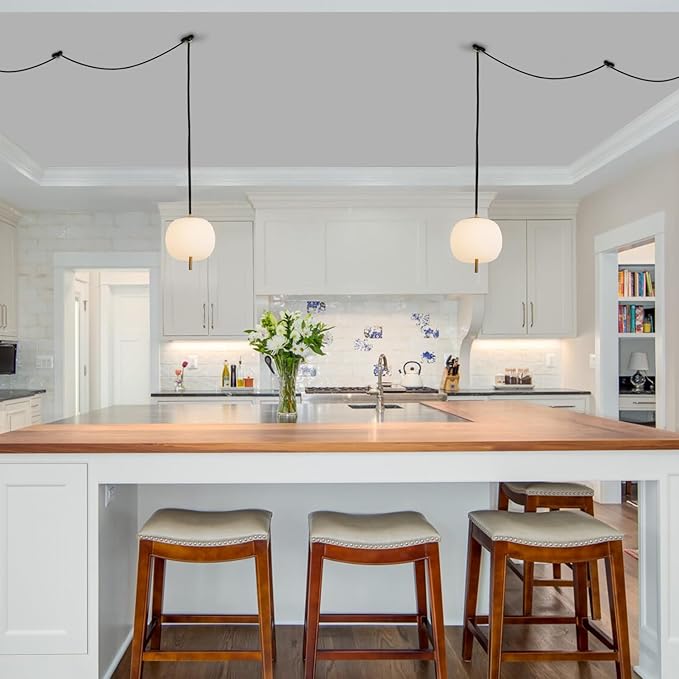 Mid Century Modern Pendant Light Fixture, Milk Glass 7” Globe Hanging Light with Dimmable Switch and Plug in for Kitchen Island Dining Room Bedroom Living Room, 2 Pack, 16ft Bulb Included