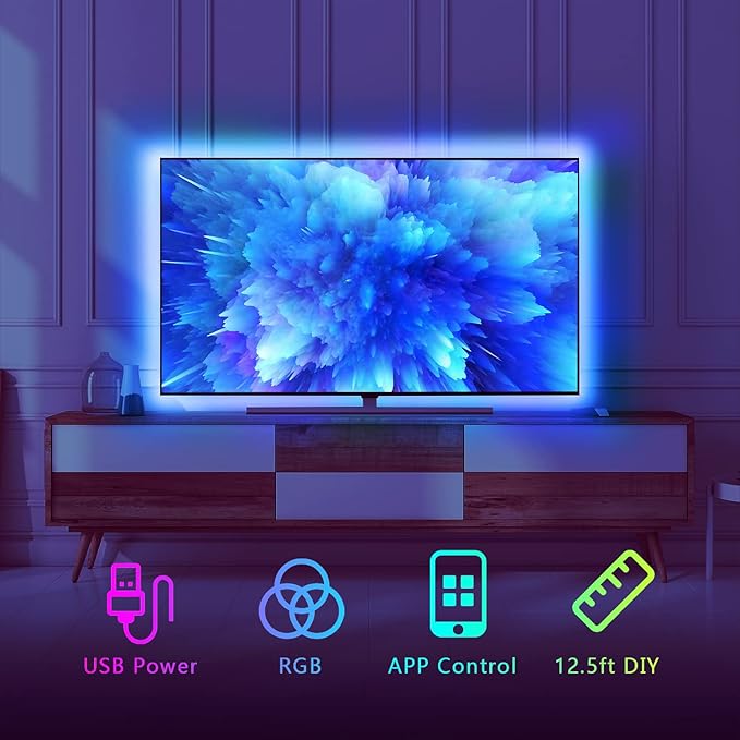 dalattin 12.5ft Led Lights for TV, 40-55 Inch USB RGB LED Strip Lights, TV Backlight with Remote Built-in MIC Music Sync, Bluetooth APP Control Led Lights for Gaming Bedroom, HDTV Mood Lighting