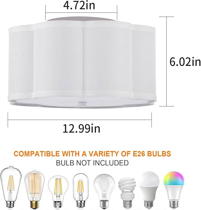 Modern Drum Semi Flush Mount Ceiling Light Fixture Modern 12.99” White 3-Lights Drum Ceiling Lighting Vintage Linen Ceiling Lamp for Kitchen, Basement, Dining Room, Bedroom, Laundry Room