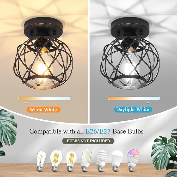 Hallway Light Fixtures Ceiling,Semi Flush Mount Ceiling Lights Fixtures Black Metal Cage Indoor Industrial Ceiling Lights Modern Crystal Ceiling Light Fixture for Porch Entryway Foyer Bathroom