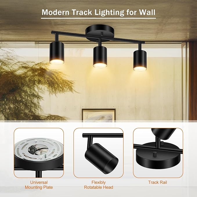 LED Track Lighting Fixtures Ceiling, Black 3-Light Track Lights for Kitchen, 3 Way Ceiling Spotlight, Flexibly Rotatable Wall Mount Light Head for Bedroom Hallway, Bulb Not Included