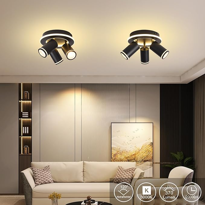 LED 3 Light Track Lighting Kit, Black Round Ceiling Spot Lighting Fixture with Flexibly Rotatable Heads, Modern Spotlight for Kitchen, Living Room, Bedroom, Dual Lighting Design,Includes 3 x GU10 Bulb