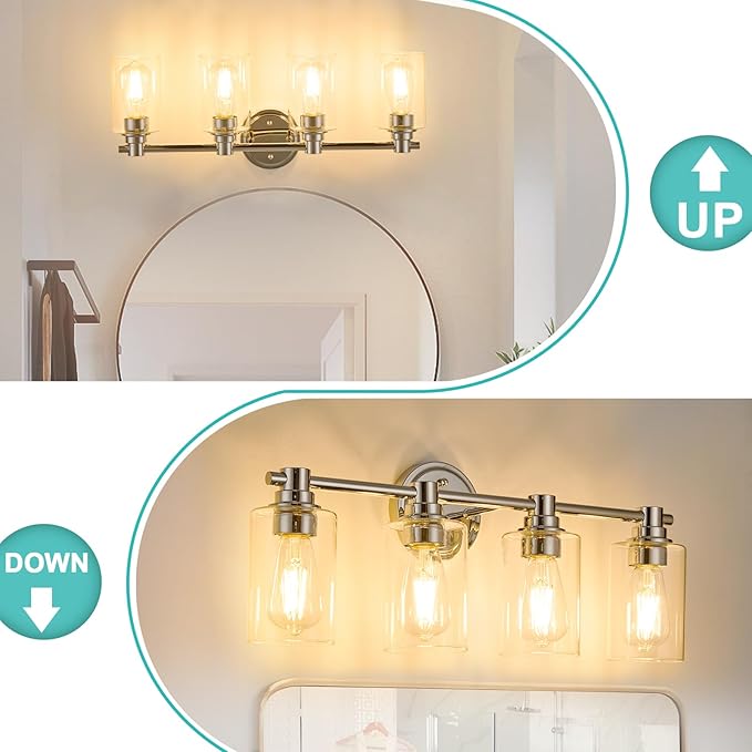 Bathroom Light Fixtures Wall Sconce Light with Clear Glass Chrome 4 Lights Bathroom Lighting Over Mirror Vanity Lights for Living Room,Bedroom,Restroom,Hallway E26 Base