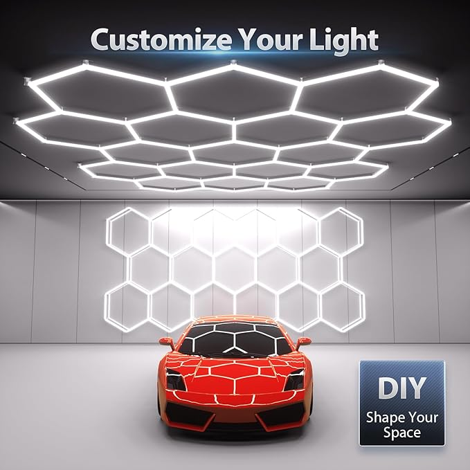 Hexagon Garage Lights: 476W 68 Pack 17 Grids LED Garage Lights - Easy Install 6500K Super Bright Honeycomb Light for Warehouse, Car Detailing Shop, Exhibition Hall, Gym