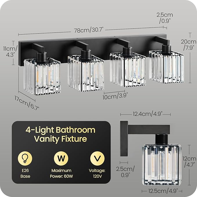 Modern Crystal Vanity Light, 4-Light Bathroom Light Fixture, 30.7"Square Vanity Lighting Fixture, E26 Base, Bulbs Not Included, for Bathroom,Vanity Light Over Mirror, Hallway,Black B11BD05W1