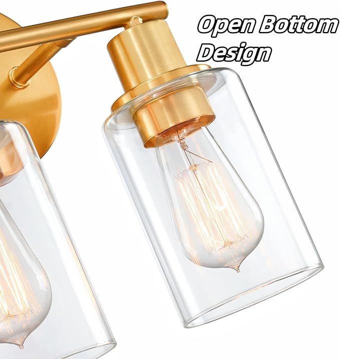 WISBEAM 2-Light Bathroom Vanity Light, Gold Bathroom Light Fixture Over Mirror with Clear Glass Shade Including E26 Medium Base, Bulb NOT Included, Brass Vanity Light Fixture
