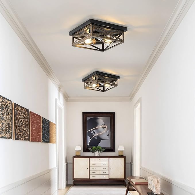 Rustic Flush Mount Ceiling Light Fixture, Modern Farmhouse Light Fixture, Kitchen Hallway Light Fixtures for Bedroom,Dining Room Entryway,Industrial Metal Cage Ceiling Light