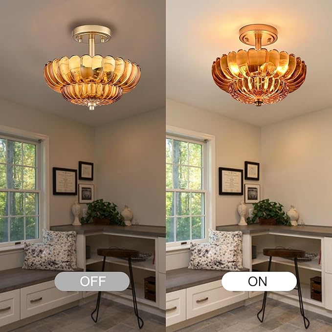 Semi Flush Mount Ceiling Light Fixture, Amber Glass 3-Light Modern Vintage Ceiling Lights, Scalloped Close to Ceiling Light, Gold Base Flush Mount Ceiling Light for Hallway Bedroom Entryway Kitchen