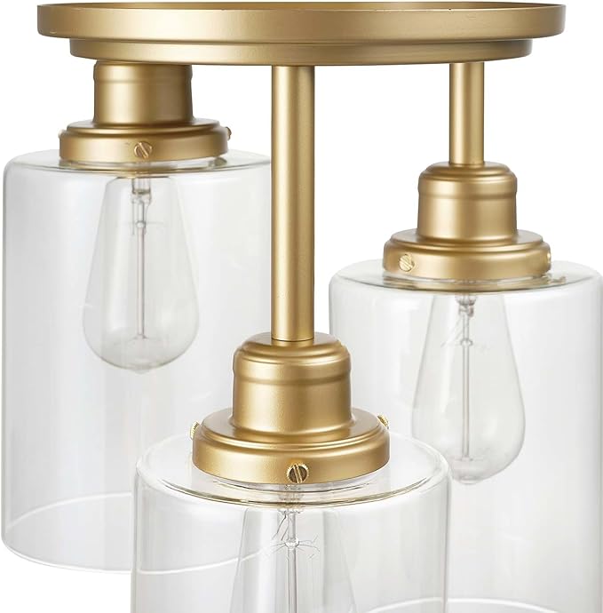 Globe Electric 65457 3-Light Flush Mount Ceiling Light, Matte Gold, Clear Glass Shades, Bedroom Lighting Fixtures Ceiling, Dining Room Fixture, Timeless Lighting for Hallway or Dining Room