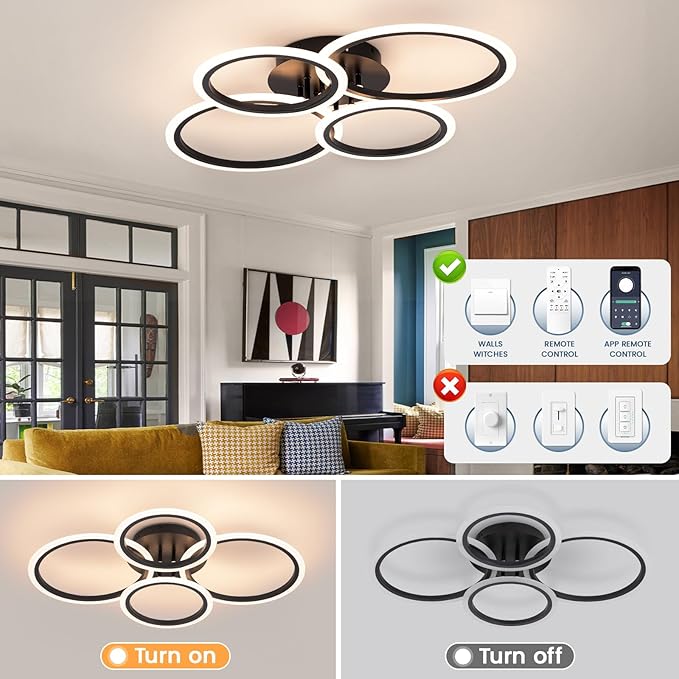 Black Modern Ceiling Light, 4 Rings Dimmable Flush Mount Ceiling Light with Remote, Acrylic Close to Ceiling Lighting Fixture for Dining Room Living Room Bedroom Kitchen (Black, 4 Heads)
