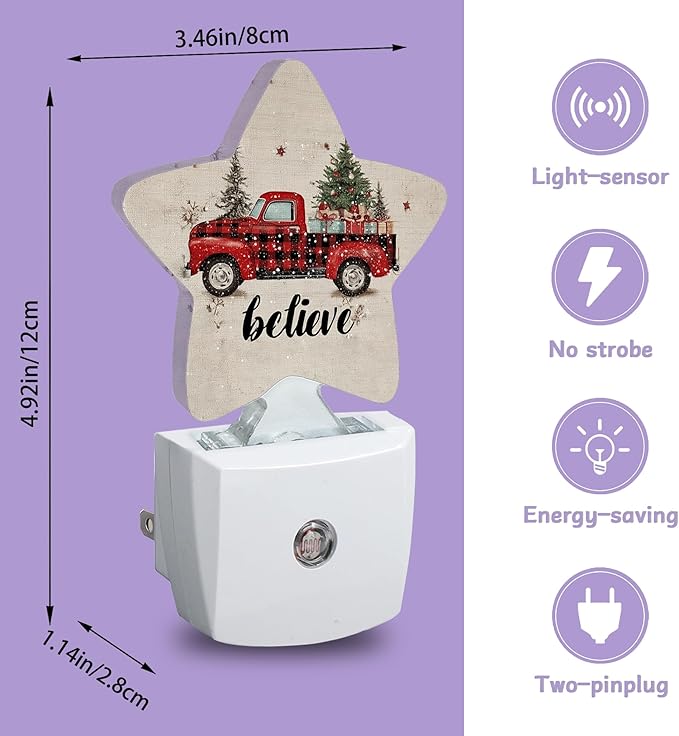 Vintage Red Truck Nightlights Plug in Wall,Christmas Tree Gifts Decorative Star Lamp with Automatic Lighting for Living Space,Gentle Glow for Kids Room,Hallway,Bathroom