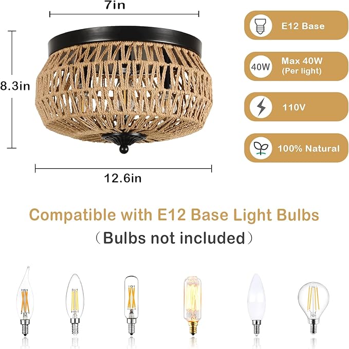 3-Lights Woven Rattan Flush Mount Ceiling Light Fixture with Hand-Worked Cage Shade for Bedroom, Kitchen, Foyer, Porch