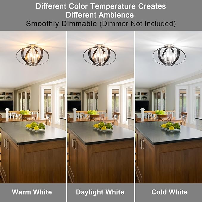 Black and Brushed Nickel Semi Flush Mount Ceiling Light, 4-Light Farmhouse Modern Light Fixtures Ceiling Mount, Metal Cage Stair Lights for Kitchen, Hallway, Entryway, Living Room, Bedroom