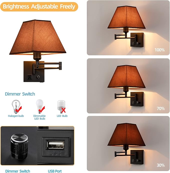 Swing Arm Wall Lamp.Plug in Wall Sconces with USB Port and AC Outlet.Sconces Wall Lighting Coffee Fabric Shade with Dimmable Switch for Hallway Bedroom Living Room.Black Finish.