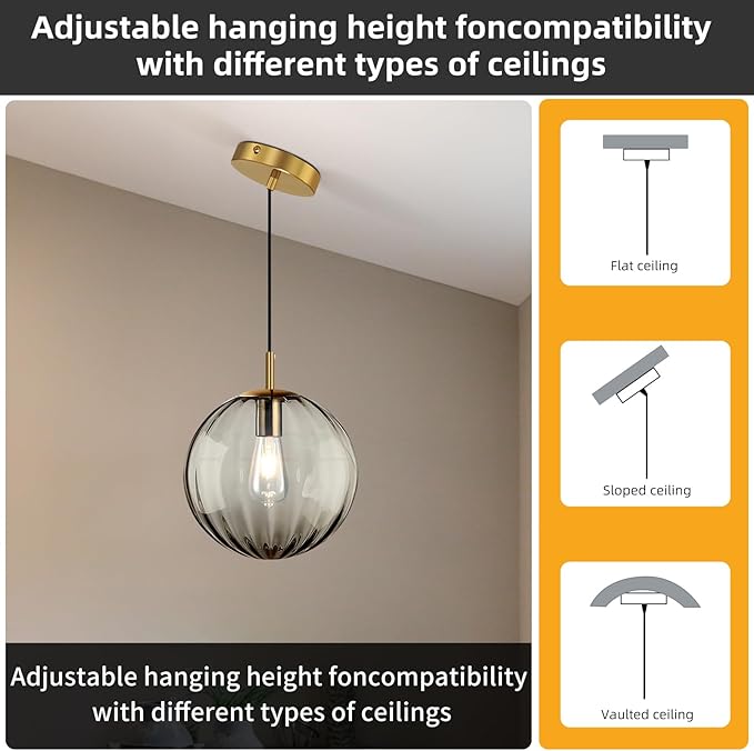 Modern Smoke Grey Glass Pendant Light, Kitchen Island Lighting 3-Pack Globe Pendant Light Fixtures Century Kitchen Island Pendant Lighting for Bedroom Living Dining Room Light Fixture (Without Bulb)