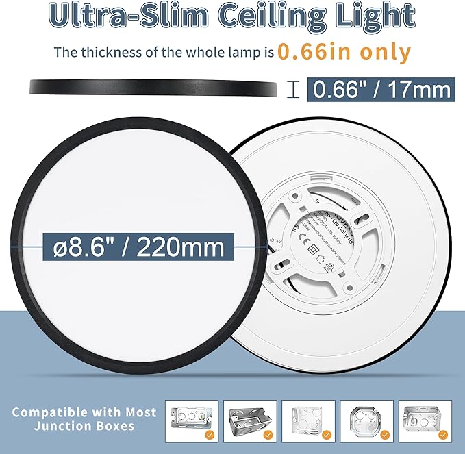 8.6 Inch 6PK LED Flush Mount Ceiling Light, ETL ,18W, 1822LM, 3000K/3500K/4000K/5000K/6500K CCT Selectable, 0.66in Ultra Thin Round Flat Panel Ceiling Light Fixture for Bedroom, Kitchen, (Black)