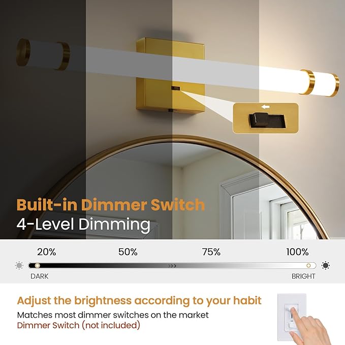Gold Bathroom Vanity Light Fixtures 23 Inch Modern LED Vanity Lights Bar for Bathroom with Acrylic Shade 14W 5CCT Dimmable Bathroom Sconces Wall Lighting Over Mirror (Built-in Dimmer)