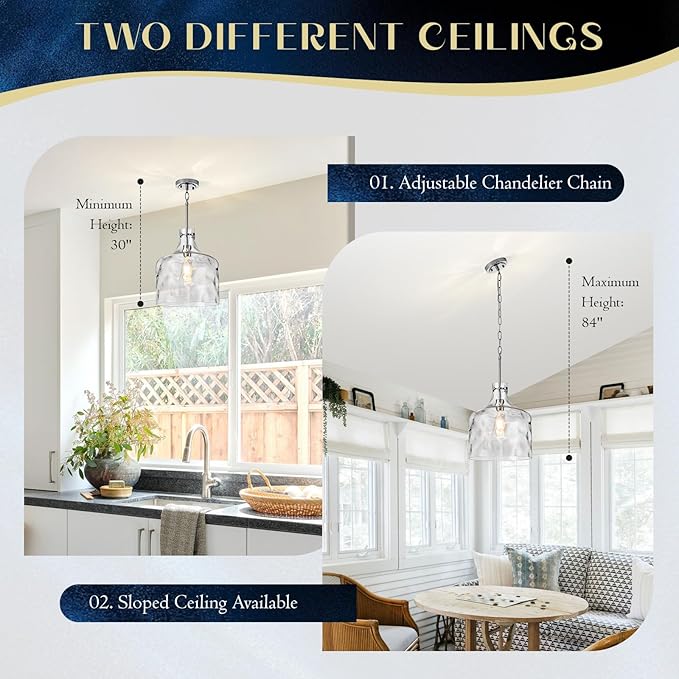 Farmhouse Pendant Light – Hand-Blown Clear Hammered Glass Shade, Chrome Finish, Adjustable Chain Hanging Fixture for Kitchen Island, Dining Room & Hallway, 15" H x 12" D