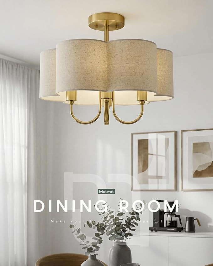 Gold Semi Flush Mount Ceiling Light, 18" 4-Light Light Fixtures Ceiling Mount with Brown Linen Petal Shade for Kitchen Nursery Entryway Hallway Bedroom, E26 Base, SM179-BG-L-6