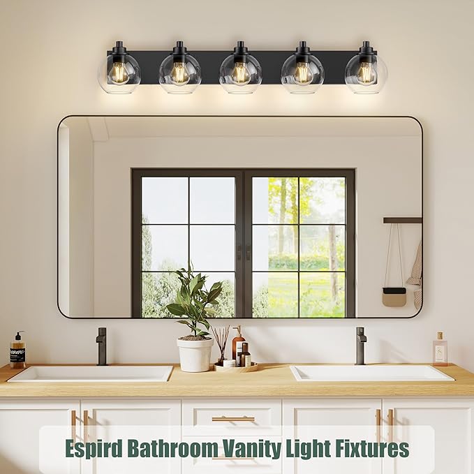 Espird 5 Light Bathroom Light Fixtures-Matte Black Bathroom Vanity Lights, Modern Vanity Lights 5-Light Bathroom Lighting Fixtures Over Mirror with Clear Glass Globe Shade