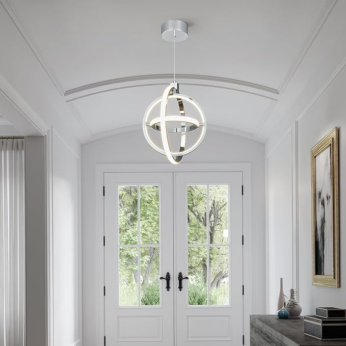 Modern LED Pendant Light Chrome Pendant Lights 4000K Dimmable External Glow Height Adjustable Pendant Lighting for Kitchen Island Dining Room Bedroom Living Room Foyer（3-Ring）