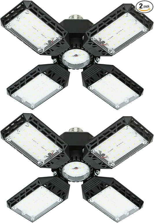 2-Pack LED Garage Light, 150W Deformable LED Ceiling Lights, 15000LM Garage Lighting with 4 Adjustable Panels, E26/E27 Shop Lights for Basement, Workshop, Attic