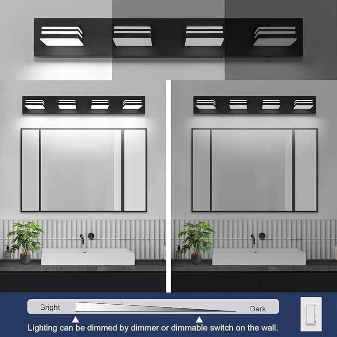 LED Modern Bathroom Vanity Light Fixtures (4-Light, 30-Inch)(5CCT, Dimmable), Matte Black Modern Bathroom Wall Lighting Fixtures Over Mirror (3000K/3500K/4000K/5000K/6000K)