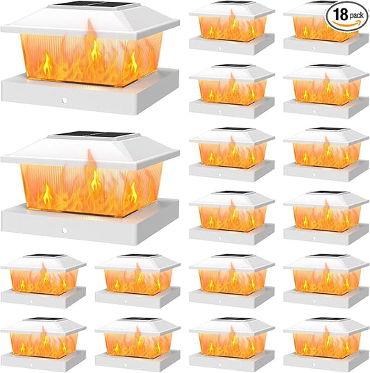APONUO Solar Post Cap Lights with Flickering Flame & Warm White, 18-Pack for 4x4 Wood/ 5x5 Vinyl Posts, Solar Powered Deck & Fence Lights, Auto On/Off, IP65 Waterproof, Glossy White