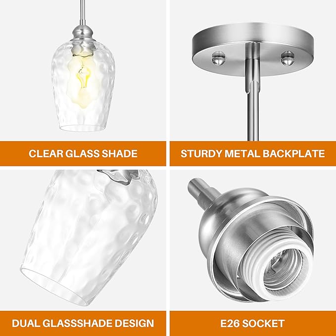 Glass Pendant Lights Kitchen Island, Brushed Nickel Pendant Light Fixtures with Hand-Blown Clear Glass, Modern Hanging Light for Kitchen Sink Dining Room Bedroom, E26