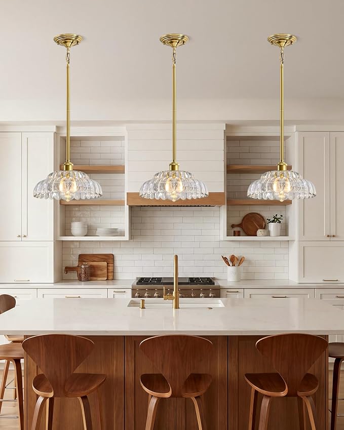 Elegant Transparent Glass Pendant Lamp with Gold Base, Modern Chic Lighting Fixture for Living Room, Bedroom, and Office