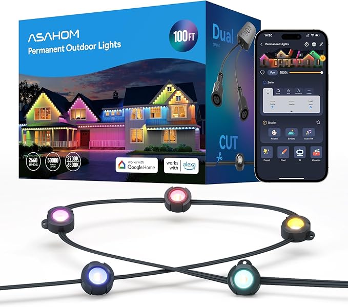 ASAHOM AI Permanent Outdoor Lights S107B, 100FT with 72 RGBCW LED Lights, 30,000 Lighting Effect, Controller with Dual Output, Extend to 800FT, Cuttable for House Outdoor Decor Daily Lighting, Black