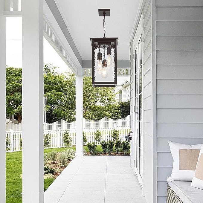17'' Large Outdoor Indoor Pendant Light 3-Lights, Modern Black and Brushed Brass Exterior Hanging Porch Pendant Light with Hammer Glass, Outdoor Ceiling Lights for Front Entryway Gazebo Patio