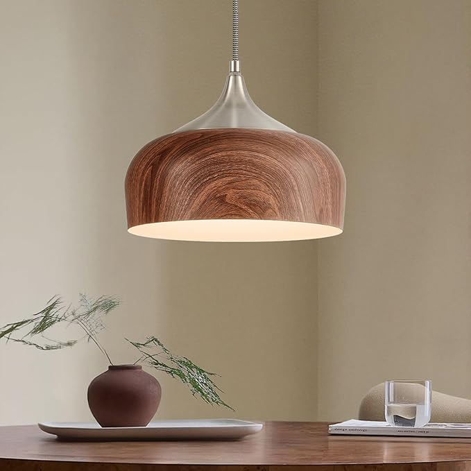 ELYONA Brushed Nickel Pendant Light Wooden Pattern Dome Pendant Light Fixture Nickel Metal Modern Adjustable Hanging Lighting for Kitchen Island Dining Room Office Hallway Foyer Bedroom, 12 Inch