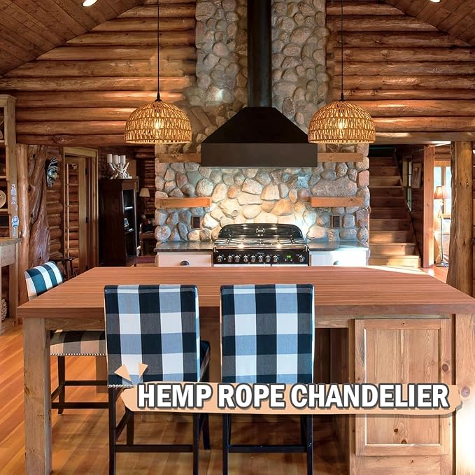 Hemp Rope Woven Pendant Light Woven Light Fixture Boho Chandelier Light Fixture Wicker Pendant Lights Rattan Lights Pendant Dome Wicker Chandelier for Dining Room Kitchen Island(Bulb Incl.