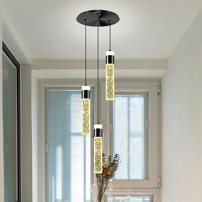 3-Light Pendant Lights Kitchen Island Black Crystal Column Chandelier Modern Dimmable LED Pendant Light for Dinning Room Living Room