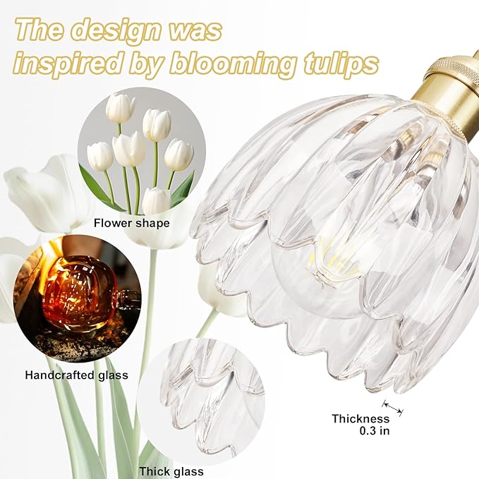 Vintage Bathroom Light Fixtures,5-Light Hardwired Vanity Lights with Clear Tulip Glass Shade,Gold Bathroom Vanity Light for Mirror Restroom,E26 Socket,33.46 in(Bulbs Not Included)
